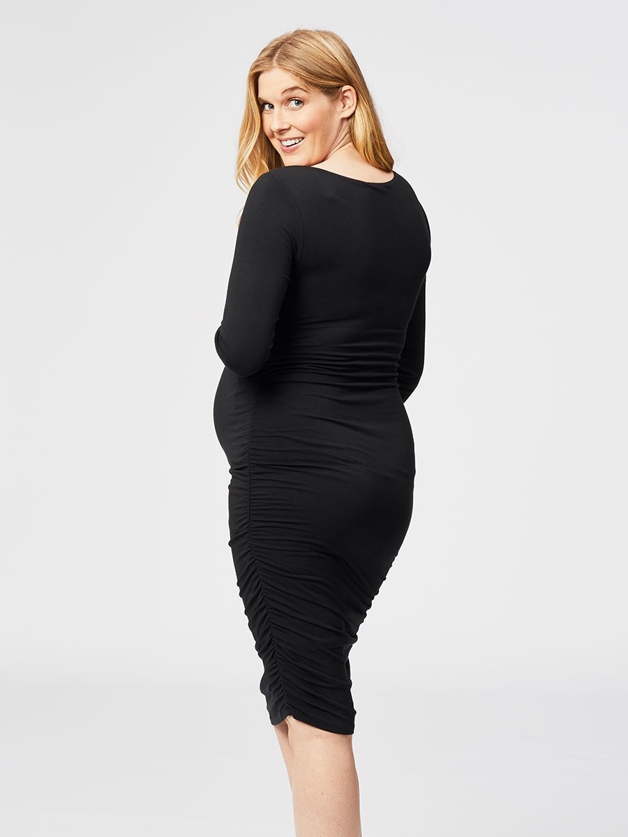 Women's Black long sleeve knee length ruched maternity & nursing