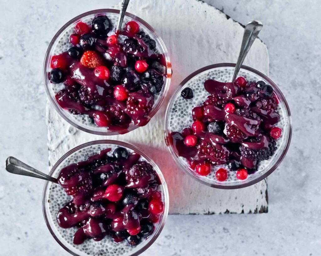 three bowls of chia pudding