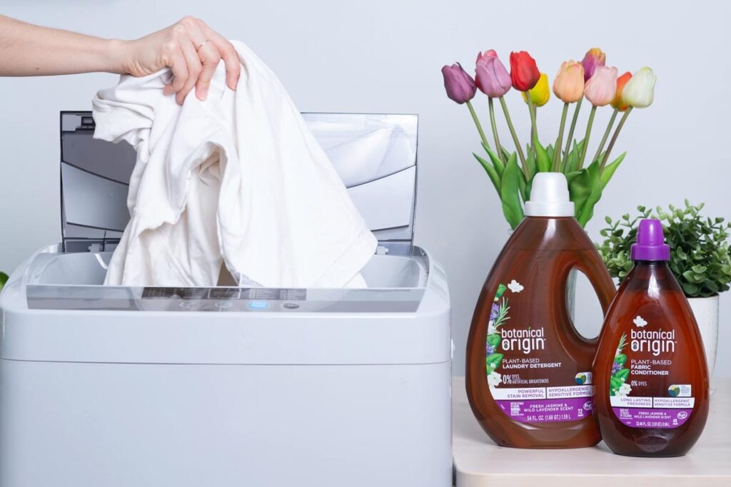 white washing machine and liquid detergent